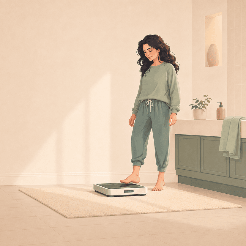 Animatie vrouw staat bij weegschaal