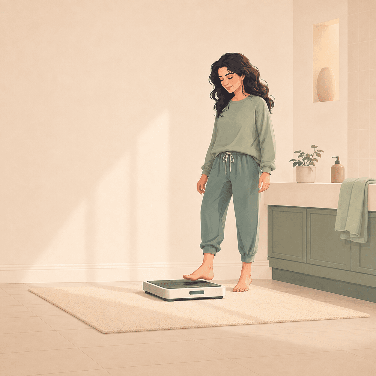 Animatie vrouw staat bij weegschaal