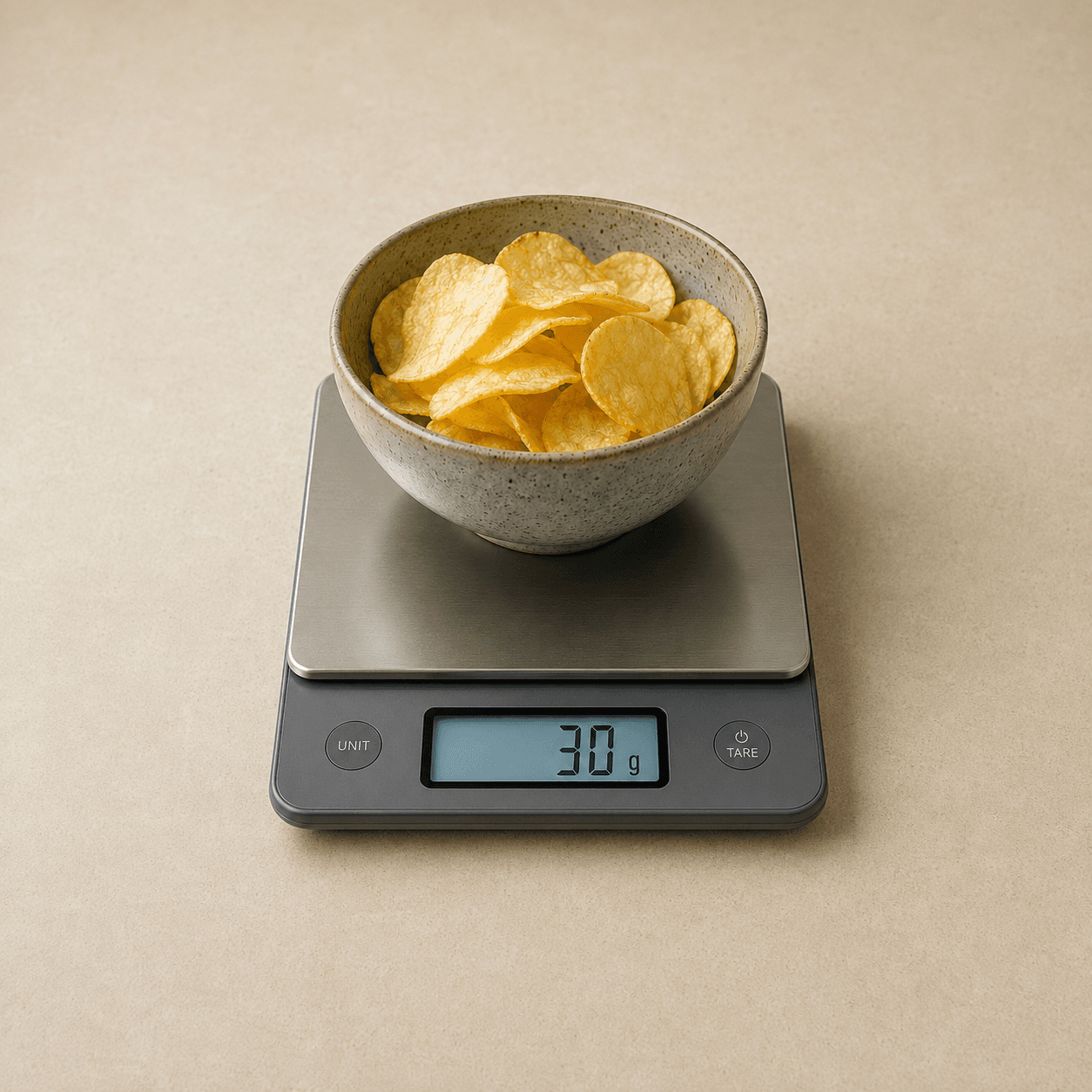 Schaaltje chips afwegen