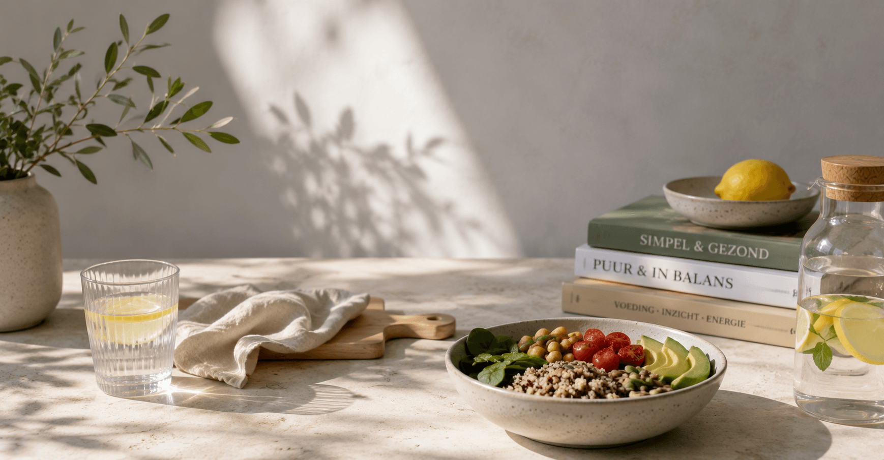 Kom met quinoa, kikkererwten, avocado en tomaten naast water met citroen